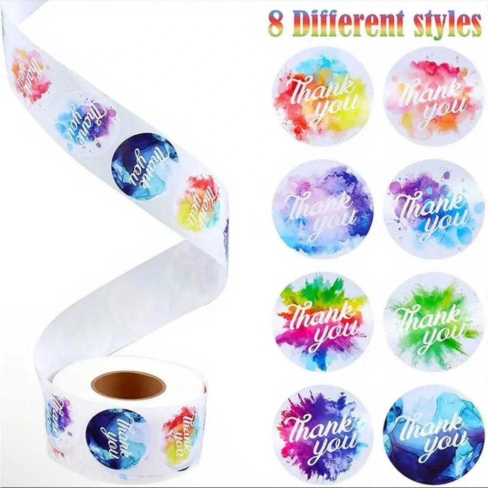 Roll of 500 Round Tie Dye Thank You Stickers Bright Colors
